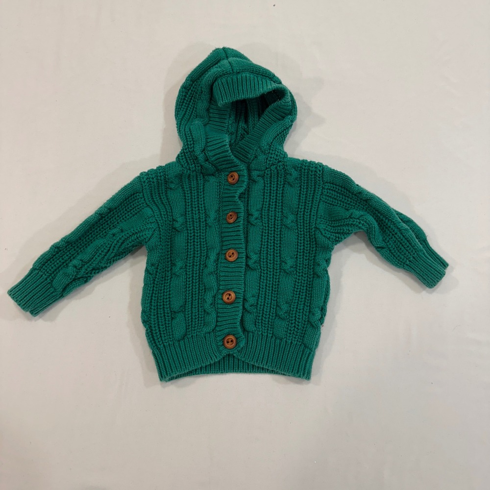 Vintage Baby Gap Cable Knit Hooded Cardigan 1-6M Green Cotton Button | Classic
